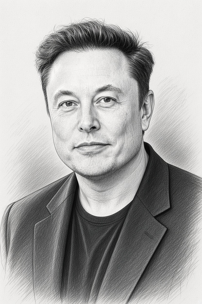 Elon Musk sketch portrait — G20 Innovation Ministerial, Chapel Hill, Sep 1 2026
